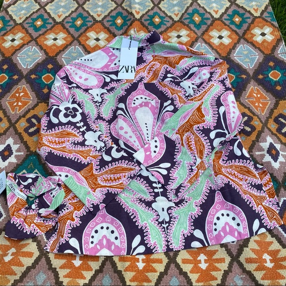 Zara PRINTED LINEN BLOUSE W/ SCRUNCHIE Women’s Size XS - Picture 5 of 6